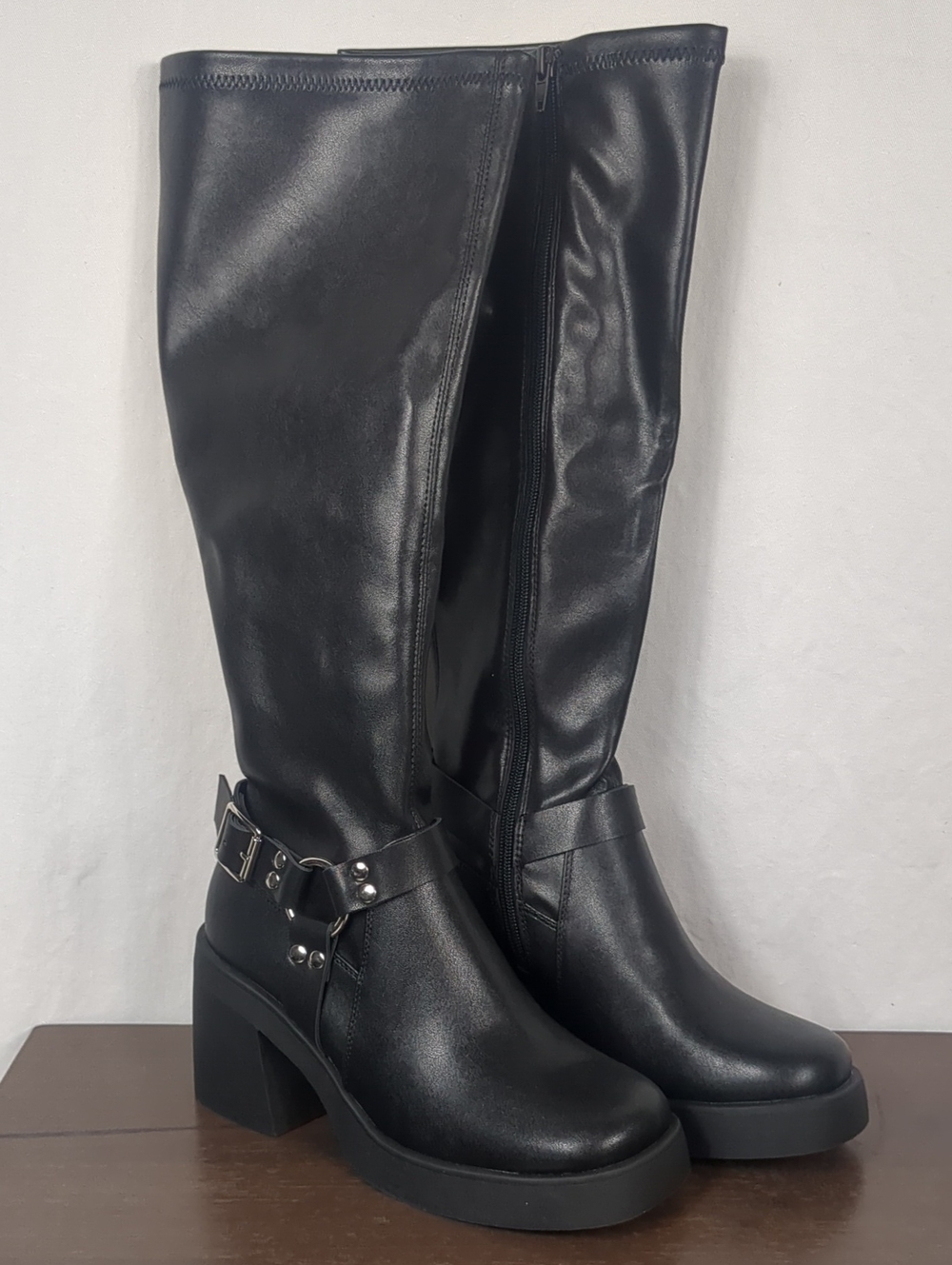 Madden NYC Black Knee High Moto Buckle Boots